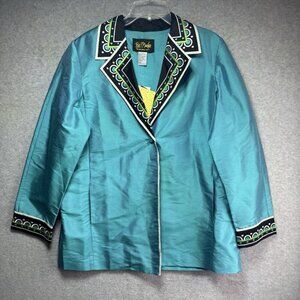 NWT Bob Mackie Silk Blazer Jacket Womens Large Embroidered Wearable Art QVC Teal